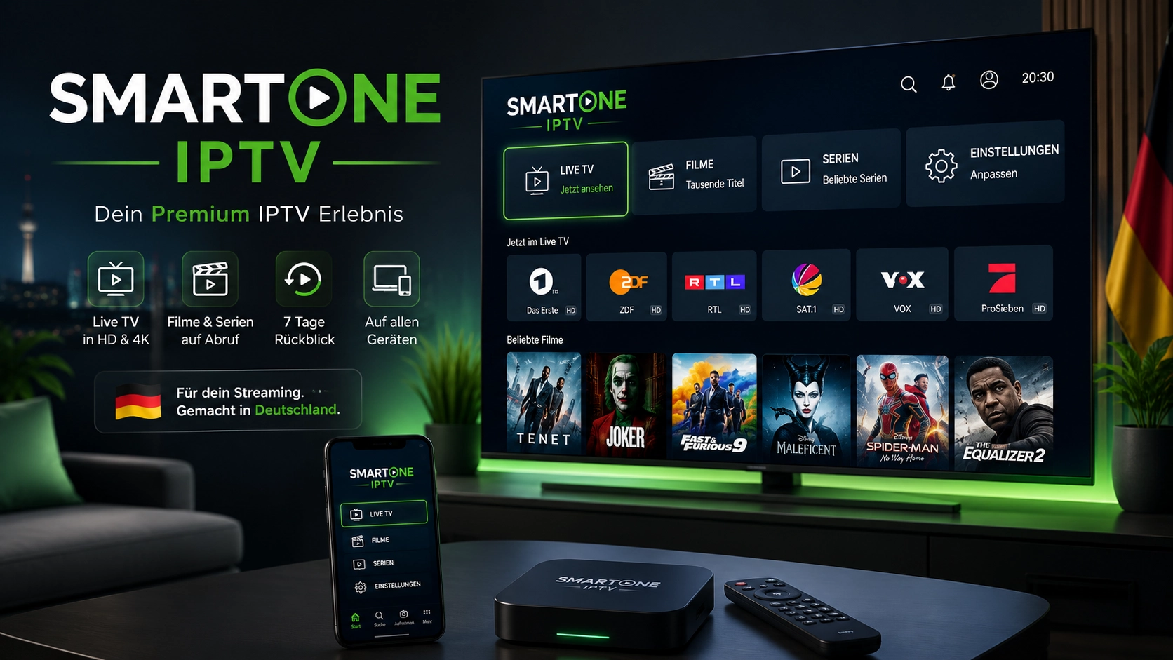 SmartOne IPTV auf Smart TV im Wohnzimmer – Live-TV Player mit Senderliste und Programmheft